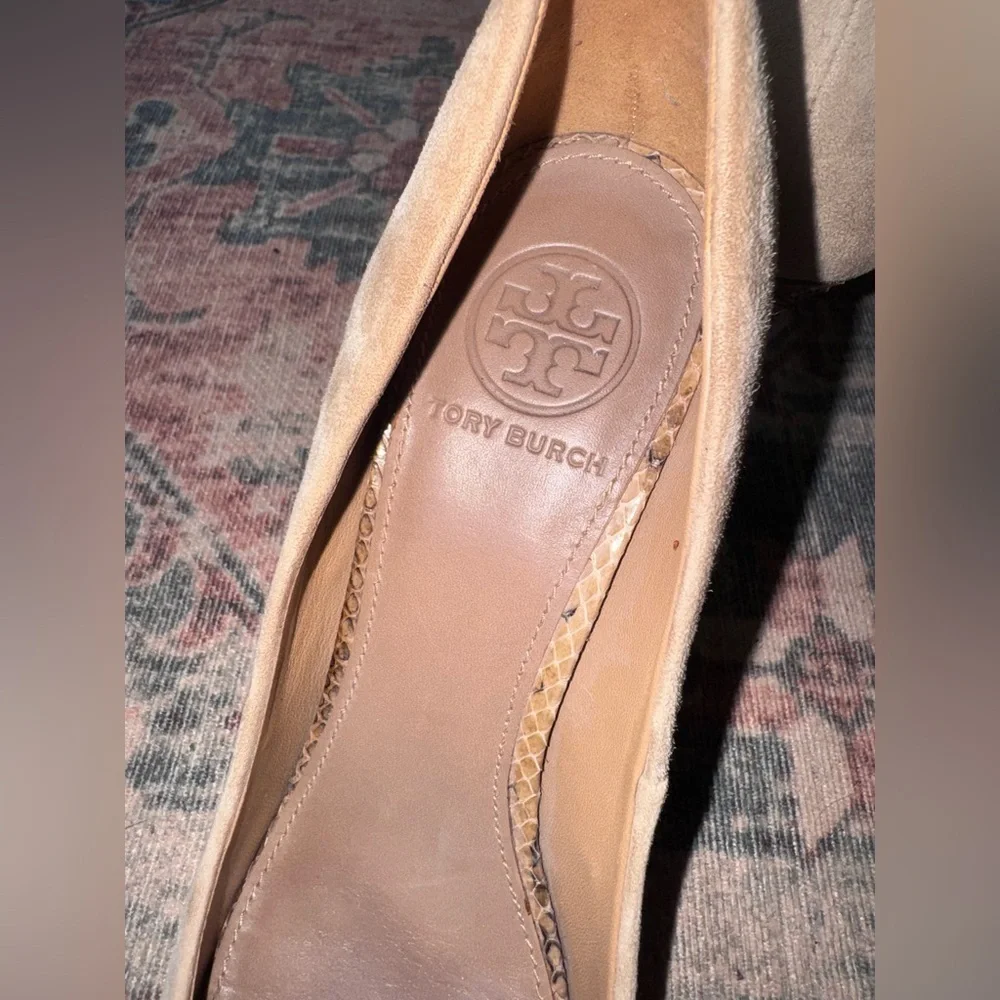 Taupe Tory Burch Mabel Suede Pumps with Snakeskin‎ Heel